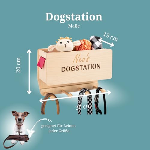 INEXTERIOR Hundegarderobe CLASSIC aus Holz - personalisierbar - in Deutschland handgefertigt - Aufbewahrung für Hundeleinen (Natur, Schriftzug Dogstation + Name)
