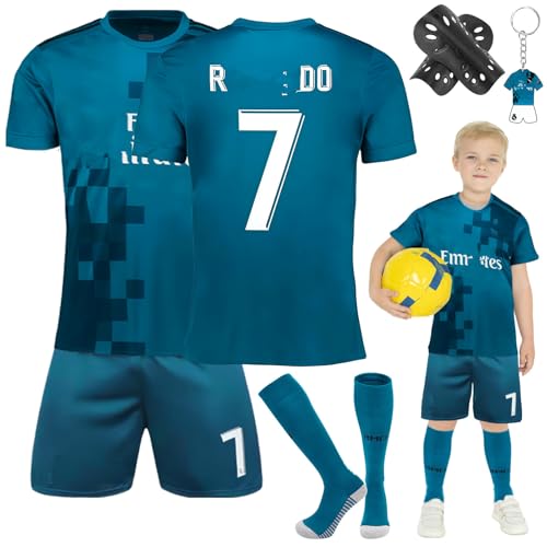 Fussball Trikot Kinder Set, #7 Heimtrikots/Auswärtstrikots Trikot Jungen,Fussball T-Shirt Shorts, Football socken, Knieschützer Set und Fußbälle Jersey Schlüsselanhänger