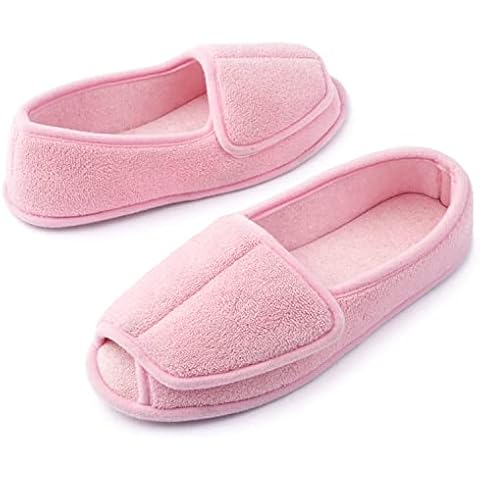 Women’s Diabetic Memory Foam Wide Fit Slippers Open Toe Adjustable Slip-on House shoes Indoor and Outdoor Rubber Sole Pink, UK 6 Cover