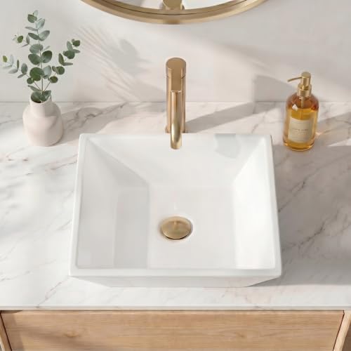 Image of KES 17 inch Square Vessel Sink for Bathroom Vanity Countertop, Glossy White Ceramic Porcelain Bathroom Sink Bowl Above Counter, Modern Look, BVS141