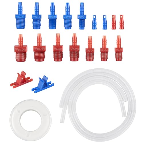 Orion Motor Tech Master Cylinder Bleeder Kit Compatible with 13911 21pc Complete Brake Bleeder Tool Kit with SAE & Metric Fittings 22 in Clear Hose Clips and PTFE Tape Universal Fit