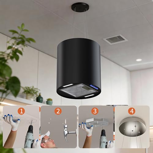 FIREGAS Insel-Dunstabzugshaube, freihängend, 650 m³/h, Abluft/Umluft, 3 Stufen, Aktivkohlefilter, moderne Deckenmontage,Schwarz