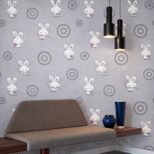 Image of Grey Rabbit Heart Theme Self-Adhesive Wallpaper | Peel & Stick, Washable, Damage-Free Removal | Kids Room Decor 2 x 3 Feet