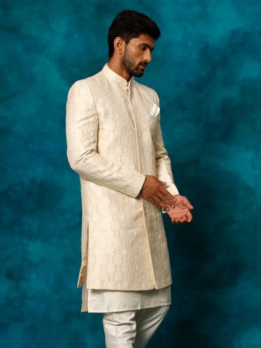 Image of VASTRAMAY mens VASTRAMAY Men's Beige Silk Blend Sherwani Only Top