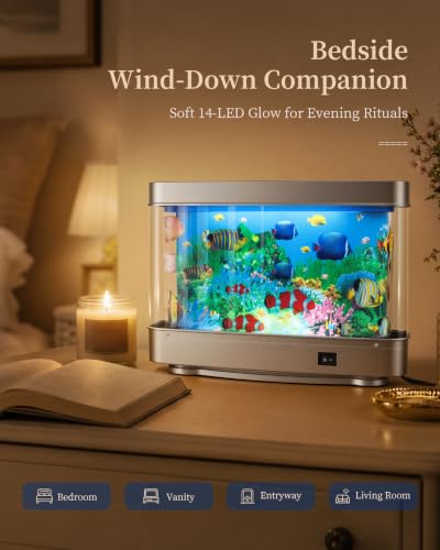 Image of Coastal Fake Fish Tank Aquarium Lamp, Bedside Living Room Home Decor & Calm | Crystal-Clear Shell, 11.8 in, 14 Cool-White LEDs, Whisper-Quiet Motor, Modern Coastal Decor for Living Room