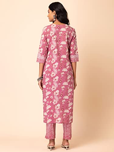 Image of Indya Women Pink Floral Jaal Print Cotton Kurta And Printed Pants (Set of 2)