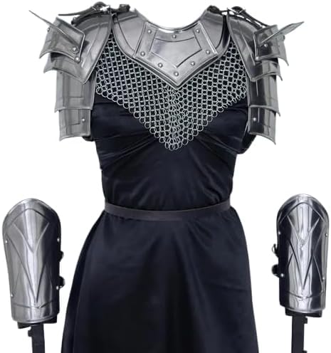 Medieval Knight Steel Armor Set with Chainmail – Pauldrons, Gorget, Arm Bracers & Chainmail Chest for LARP, Cosplay & Renaissance Costume