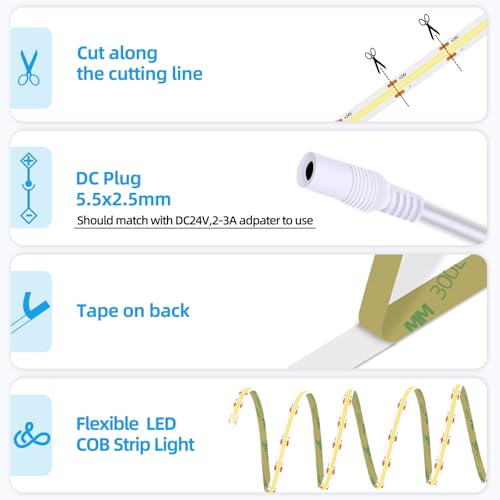Image of LED Strip Lights 24V COB Gold Yellow Lighting16.4ft (No Power Supply) | Super Bright, Dotless High Density 14W /m, 8mm Width Cuttable Flexible, Home DIY Commercial Decoration
