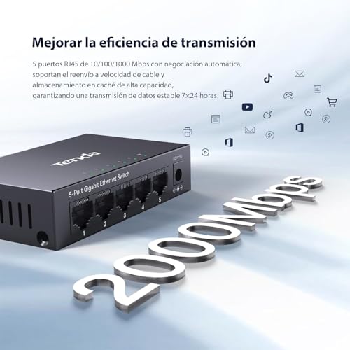 Image of Tenda 5 Port Gigabit Switch, Unmanaged Ethernet Switch, Network Splitter with Traffic Optimization, Plug & Play, Fanless Metal Design Network Switch, Traffic Optimization( TEG1005D)