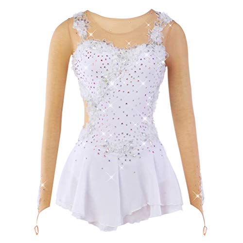 YunNR Robe de Patinage Artistique Femme/Fille Costume De Patinage Fleur Blanche à la Main Haute élasticité Vêtements de Patinage d'entraînement et de Compétition Respirant, M Cover