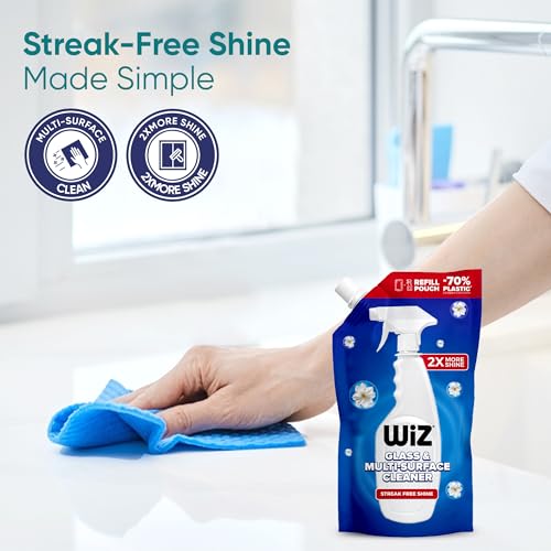 Image of Wiz Cleen 2X More Shine Glass & Multi-Surface Cleaner Liquid 1L Refill (Pack of 2) | Streak-Free Shine | Glass Cleaner for Car, Kitchen & Home | 70% Less Plastic Refill Pouch