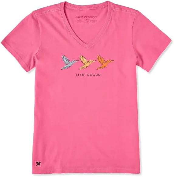 Life is Good. Women's Three Crafty Hummingbird Short Sleeve Crusher Vee, Watermelon Pink