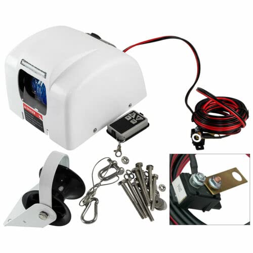 Electric Windlass, Marine Windlass, Saltwater Boat Windlass Kit w/Wireless Remote Control, Anchor Weights Up to 45 lbs, Heavy Duty Traction Winches for Fishing Pontoon Boats (45 lbs, White)