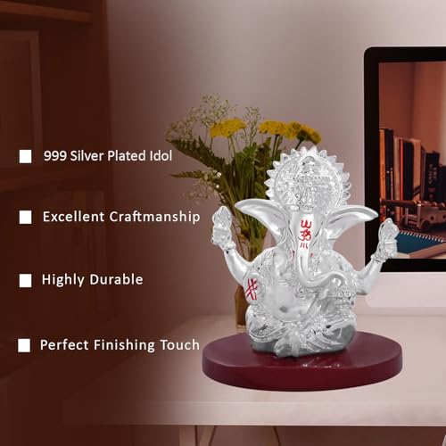 Image of DIVINITI 999 Silver Plated 4 Hand Ganesha Idol for Car Dashboard & Home Decor | Ganpati Murti for Puja Room, Office & Vehicle | Spiritual Showpiece for Wealth, Success & Protection (6X7.5 Cm)
