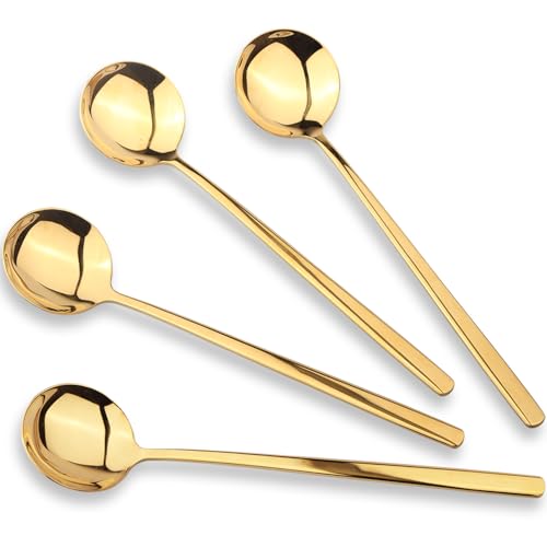 Korean Soup Spoons with Long Handles: 18/10 Stainless Steel 7.67'' Large Round Soup Spoons,4 Pack Asian Metal Dinner Spoon Set with Round Edge for Coffee,Desserts,Dishwasher Safe