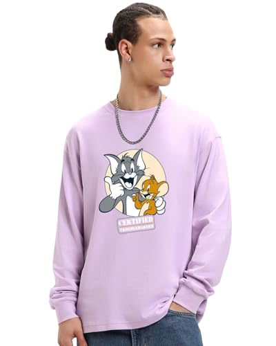 Image of Bewakoof Official Tom & Jerry Merchandise Men's 100% Cotton 220 GSM Graphic Print Oversized Fit Round Neck T-Shirt