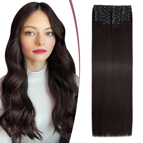 TESS Extensiones de Clip de Pelo Natural Liso, 12 Pcs 55 cm Extensiones de Pelo Natural con Clip Marrón oscuro Pelo Sintetico 180 g Extensiones de Pelo Natural para Mujeres