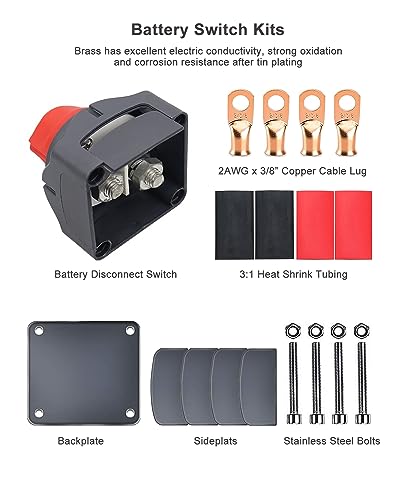 Gioyonil Battery Disconnect Switch Isolator, 12V-48V On-Off Power Cut Master Shut-Off Switch with 2 AWG x 3/8” Ring Terminals & 3:1 Heat Shrink for Marine Camper Trailer RV Boat Automotive - Thumbnail 2