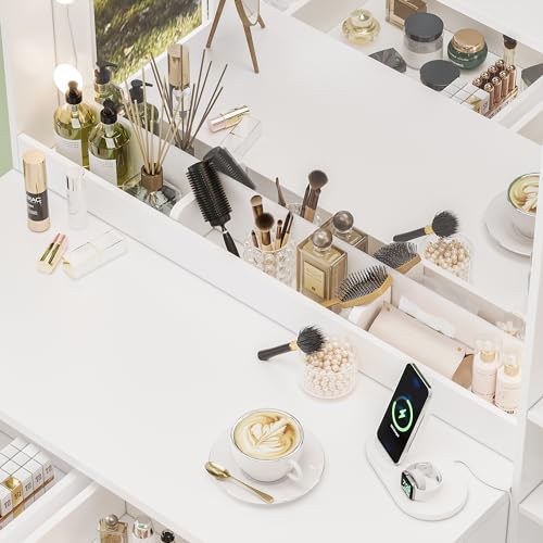 Image of 35.4 inch Makeup Vanity Desk with Charging Station, White Makeup Dressing Table with Mirror & Lights, 3 Lighting Modes Adjustable Brightness, Vanity Table with Power Outlet & 5 Drawers Gold Handle