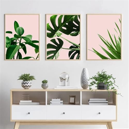 Tableau Abstrait Minimaliste pour salon chic lot de 3 affiches feuilles tropicales vert et rose