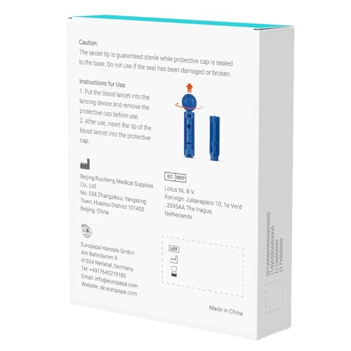 EUROPAPA® Lanzetten, Steril Einweglanzette, Blutlanzetten, Sicherheitslanzetten für Blutentnahme Blutzuckermessung Kapillare, Diabetic, 100 STK, EUROPAPA BG-Serie Blutzuckermessgerät Anwendbar