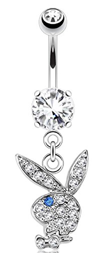 Body Accentz Playboy Belly Button Ring Multi Paved Gems on Bunny Dangle (Clear/Blue Eye)