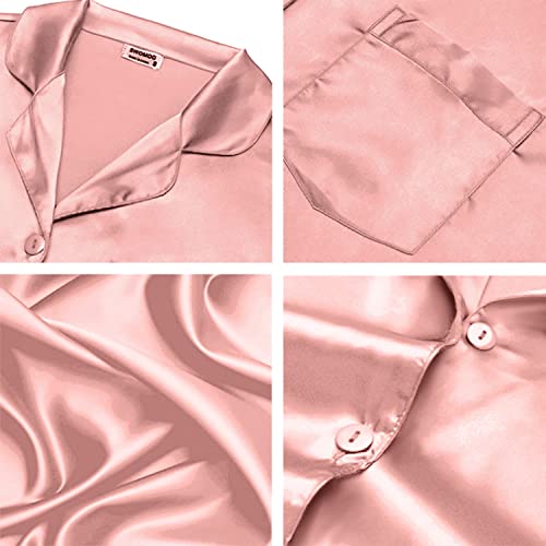 Image of SWOMOG Long Sleeve Pajamas Set Silk Satin Sleepwear Button Down Pjs Loungewear with Pocket