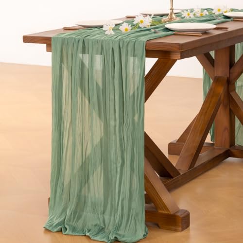 Image of Socomi 3pcs Sage Green Cheesecloth Table Runner Easter Spring Boho Rustic Gauze 120 inch 10FT Cheese Cloth Runner for Wedding Party Baby Shower Home Decor Holiday Decorations