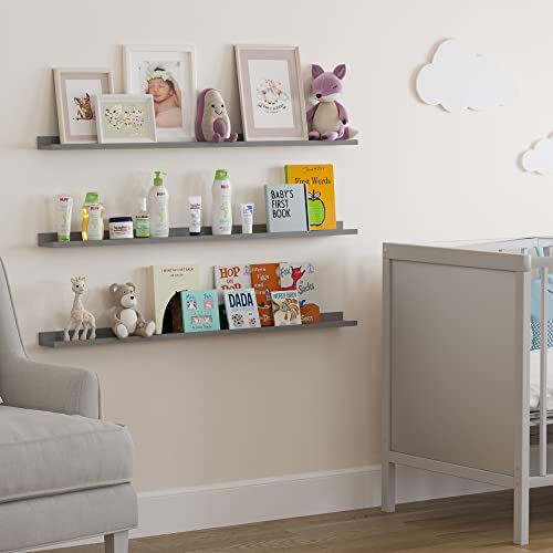 Wallniture Denver 46" Floating Shelves For Wall Decor, Gray Wall Bookshelf For Nursery Decor, Picture Ledge Shelf For Bedroom, Nursery Shelves, Kids Bookshelf, Wall Shelf Set Of 3 For Living Room #TOP1