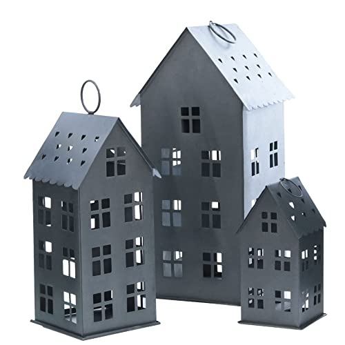 Spetebo Laterne MALMÖ 3er Set 43/31 / 20 cm zum Hängen - dunkelgrau - Metall Windlicht in Haus Form mit Herzen - Deko Kerzen Halter Ständer Lampion für Außen und Innen