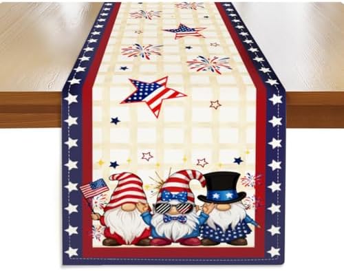 Gnome Stars Table Runner 13x72 Inch, Firework American Flag Linen...