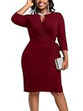 Younrui Plus Size Burgundy Cocktail Dresses for Curvy Women Sexy Faux Wrap 3/4 Sleeve Belted Midi Wedding Guest Dress(1XL-1030-Burgundy)