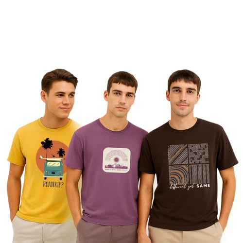 Image of Nobero 100% Cotton Tshirts for Men Combo Pack of 3 | Regular Fit | Printed | Round Neck Half Sleeve