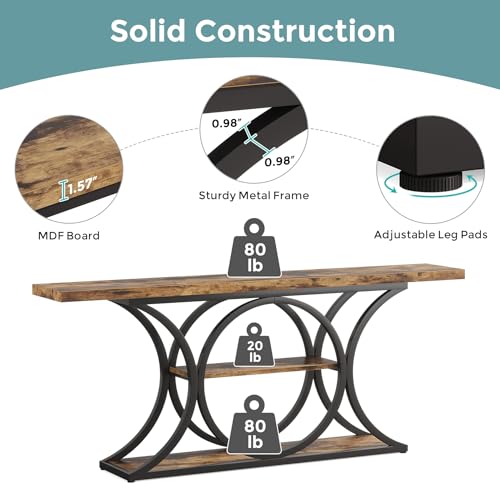 Condemo 63 inch Extra Long Sofa Table Behind Couch, Rustic Industrial Entry Console Table, 3 Tier Storage Shelves with Black Metal Frame for Hallway, Entryway & Living Room, Brown