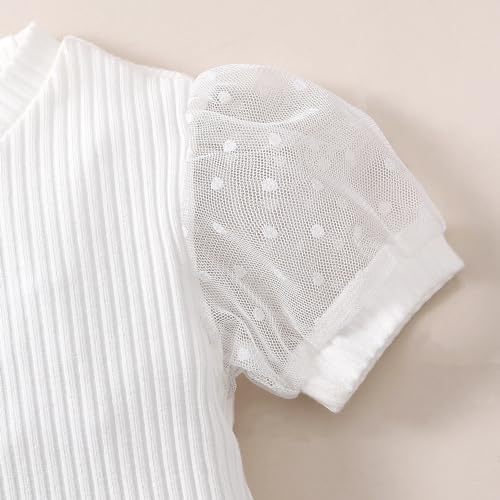 Image of OPAWO Toddler Girl Shirts Short Sleeve Ribbed Cotton Baby Tee Girls Tops | Polka dot tulle puff sleeves, Super soft and lightweight, Solid color, Versatile, Fit for summer, 12 Months to 8 Years