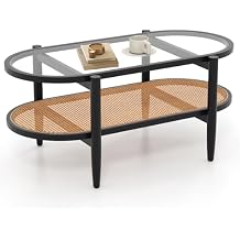 40 Rattan Coffee Table, 2-Tier Boho Oval Tea Table w/Tempered Glass Tabletop, Solid Wood Frame & PE Rattan Storage Shelf, Mid-Century Modern Center Table for Guestroom Living Room Office Black
