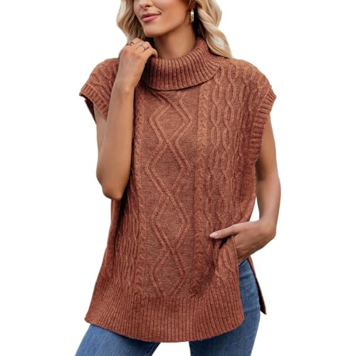 Image of Blostirno Women's Turtleneck Sweater Vest Sleeveless Ribbed Solid Knitted Pullover Sweaters Tops