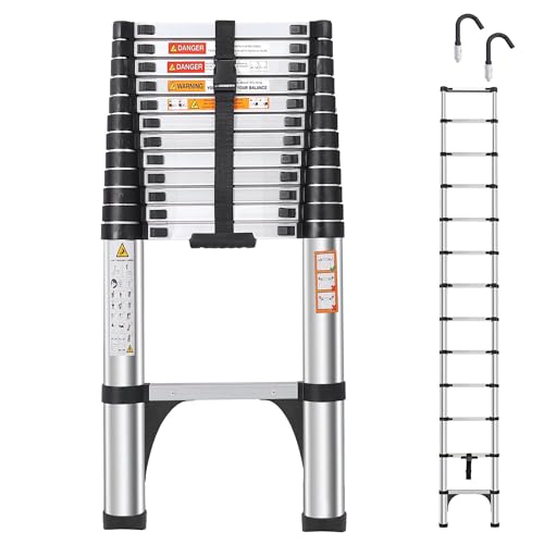 DEZEX Telescoping Ladder 16.5 FT,Aluminum Lightweight Extension Ladder with 2 Triangle Stabilizers and 2 Detachable Hooks,Safety Lock Slow Down Design Collapsible Telescopic Ladder for Home Outdoor