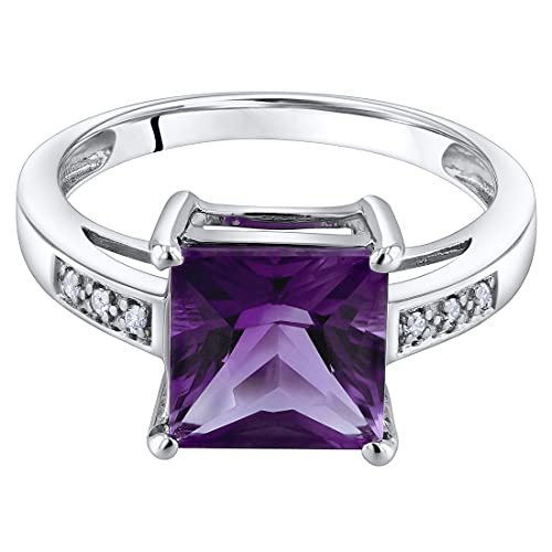 Peora Amethyst And Diamond Designer Solitaire Ring For Women 14K White Gold, Genuine Gemstone Birthstone, 2 Carats Princess Cut 8Mm, Size 9 #TOP2