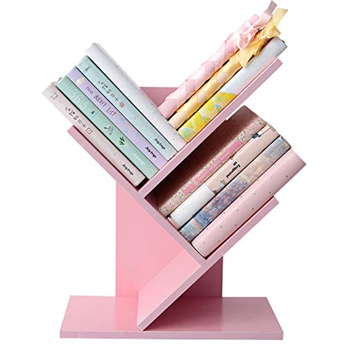 Lydia88 Tree Bookshelf，2-Layer Floor Standing Bookshelf，The Desktop Bookshelf Can Hold Books，Magazines, Cds And Photo Albums，Desktop Organizer，Office Storage Rack Real Wooden Bookshelf，Pink #TOP5