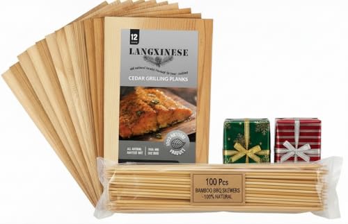 Langxinese 12pc Larger Cedar Planks for Grilling Salmon &