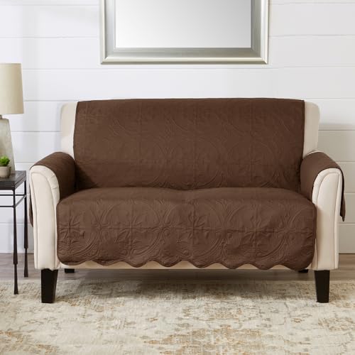 Image of Great Bay Home Reversible Loveseat Cover - Washable Slipcover Furniture Protector with Elastic Straps - Perfect for Kids & Pets - Quilted & Stitched Detail (Chocolate /Taupe)