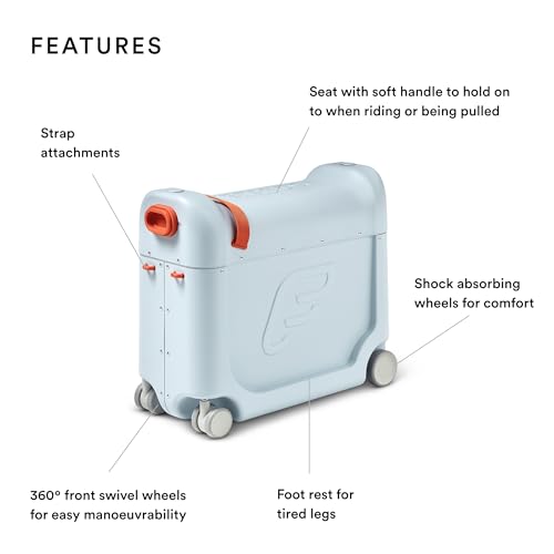 Image of Stokke Jetkids Bedbox - Kids Ride-On Suitcase & Travel Bag, Helps Your Child Relax & Sleep on The Plane, Approved by Airlines, Swivel Wheels, Adjustable Strap - Sky Blue