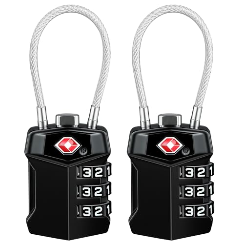 TSA Approved Luggage Locks,(2 Pack),Big Digit Easy Read Dials Cable Luggage Lock,T Tersely Re-settable Padlock for Luggage,Travel Locks for Suitcase, Backpack