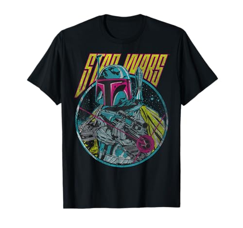 T-shirt Star Wars Boba Fett noir haut de gamme col rond imprimé rétro