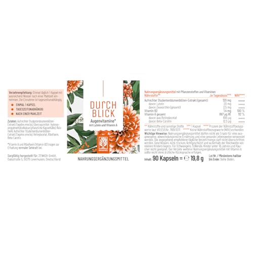 Augenvitamine - Lutein Zeaxanthin Komplex Kapseln mit Beta Carotin & Vitamin A hochdosiert & Vegan - 90 Augenkapseln mit Lutein 20mg für 3 Monate - Augen Vitamine - 100% natürlich