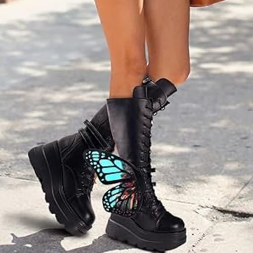 Bottes de combat gothiques avec ailes de papillon rose à lacets - 5