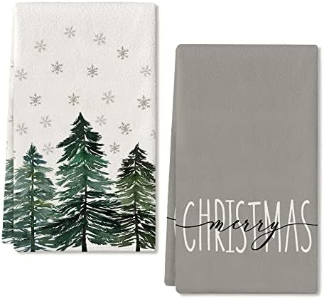 Christmas Dish Towels for Christmas Decor Green Xmas Tree Kitchen Towels 18x26 Inch Noel Grey Snowflake Washcloths Seasonal Ultra Absorbent Bar Drying Merry Christmas Hand Towel for Bathroom Set of 2