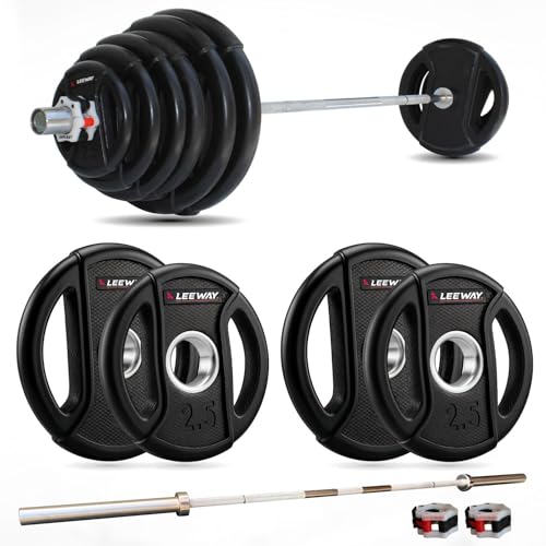 Image of Leeway Olympic Barbell Rod with Plates (20kg Set) | 7ft Chrome Otis Bar 20kg + Weight Plates | 51mm Rubber Coated Olympic Plate | Home Gym Weight Lifting Combo (Black, (2.5kgX4 + 5kgX2))