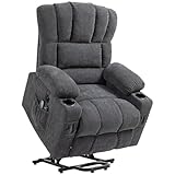 HOMCOM Fernsehsessel mit elektrischer Aufstehhilfe, Relaxsessel mit Liege-, Wärme- und Massagefunktion, Massagesessel mit USB, Fernbedienung, Becherhalter, Seitentasche, Dunkelgrau